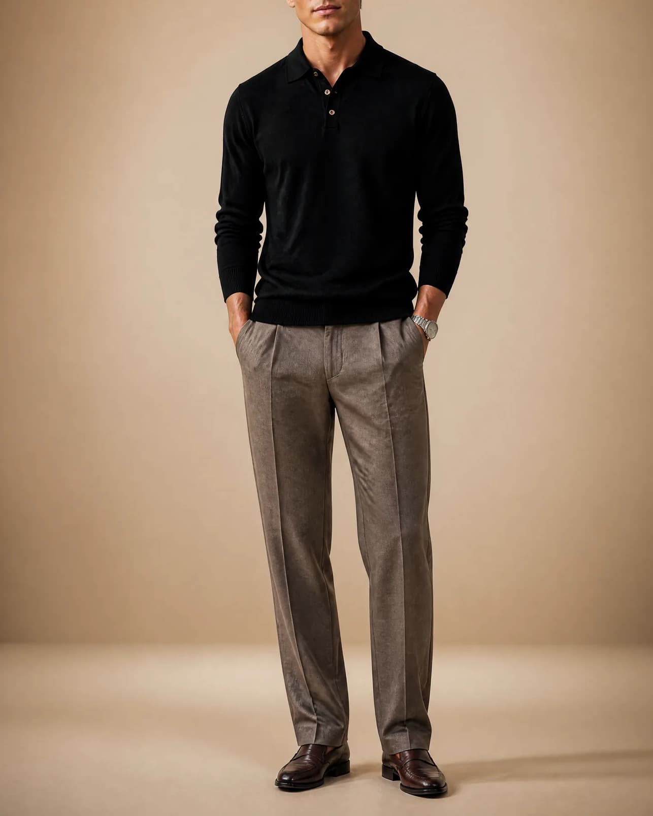 Black Long Sleeve Merino Wool Polo