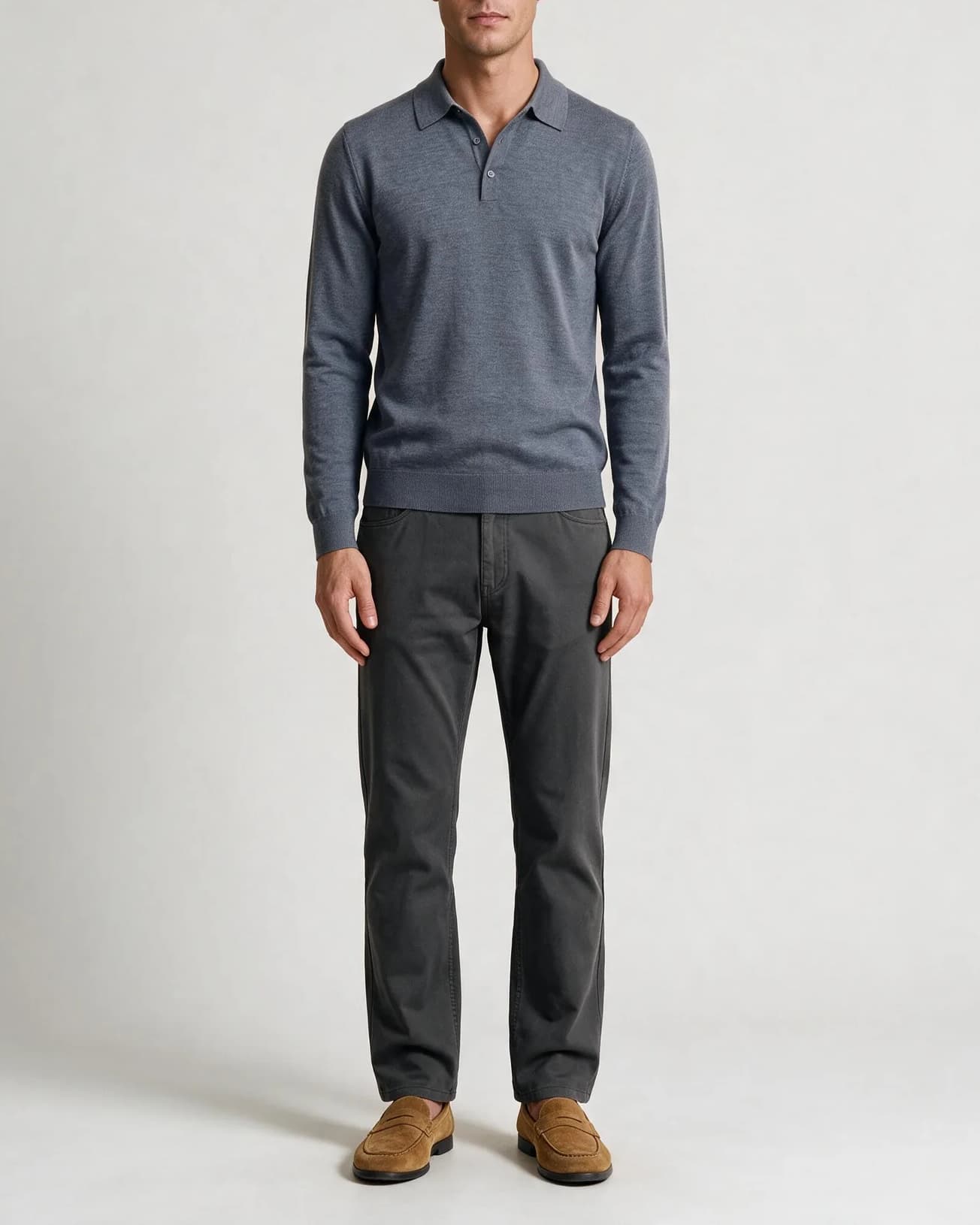 Grå Merino Uld Polo, på model