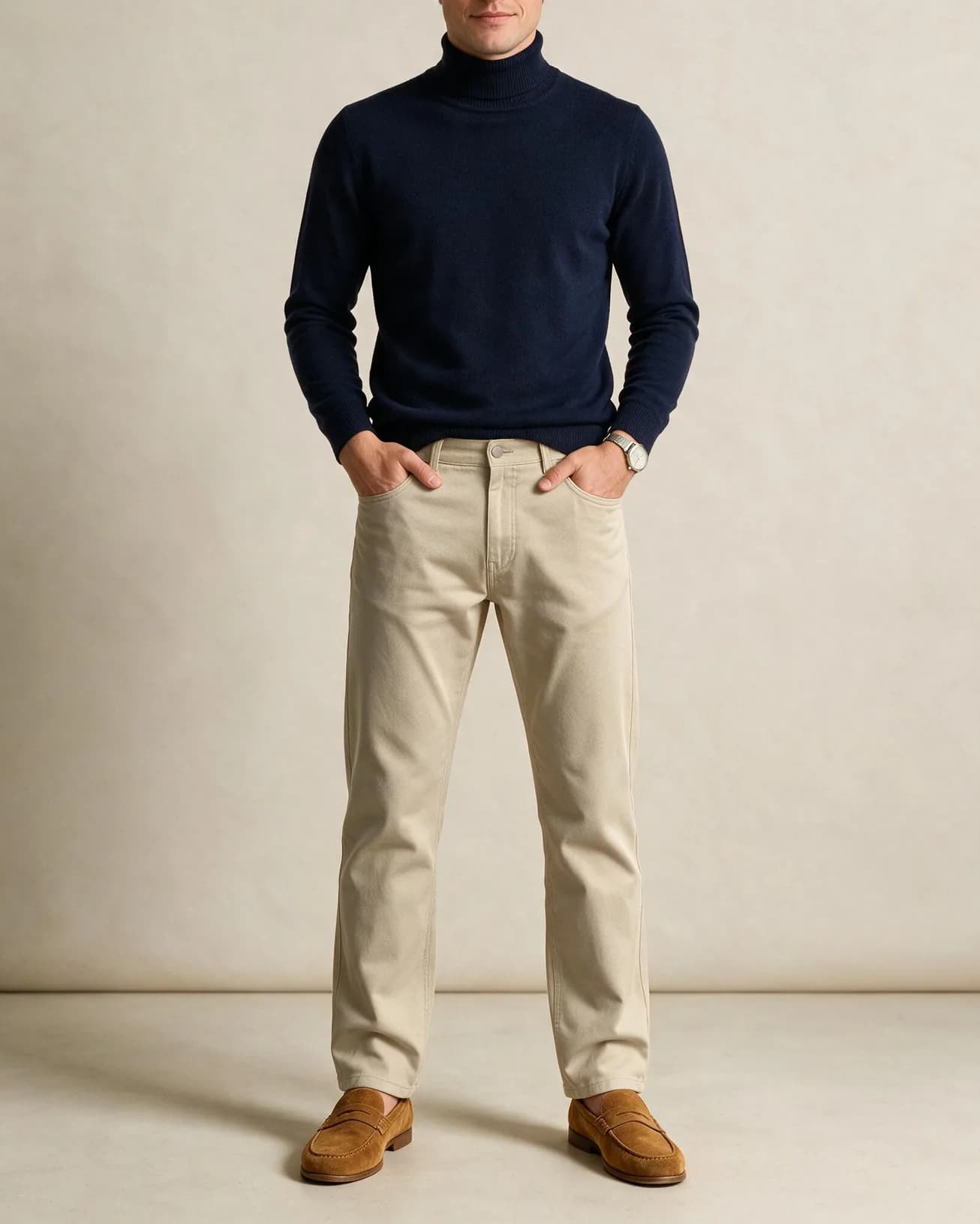 Marineblå Merino Uld rullekrave, på model