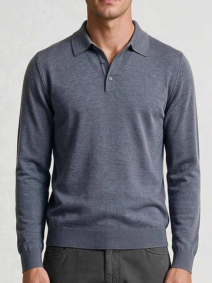 Grey Long Sleeve Merino Wool Polo, neckline detail