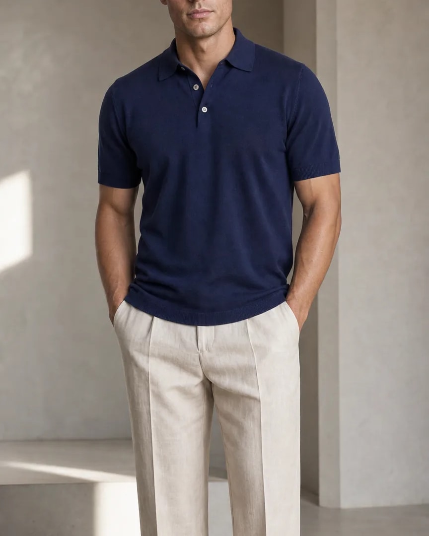 Navy Cotton Polo, on model