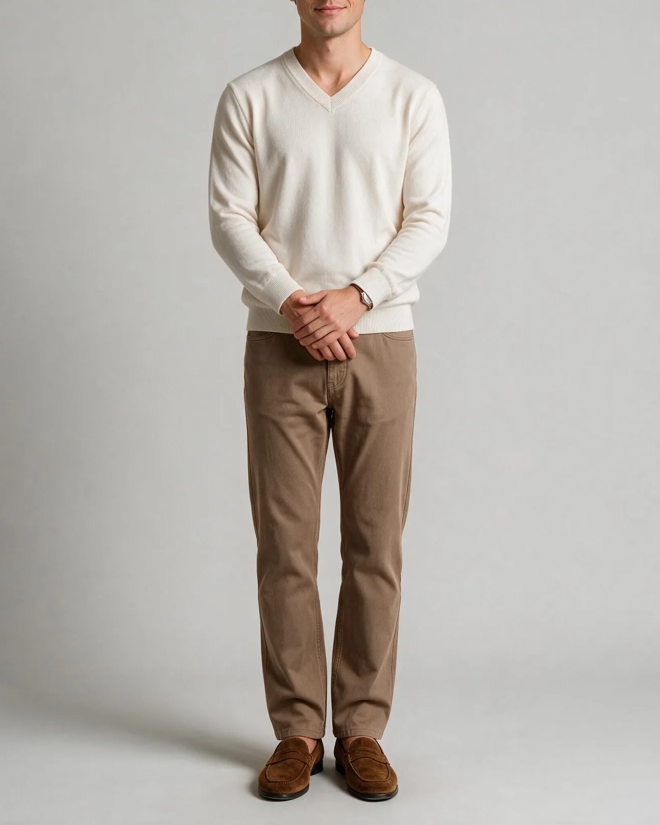 Camel Cotton Chinos, on model
