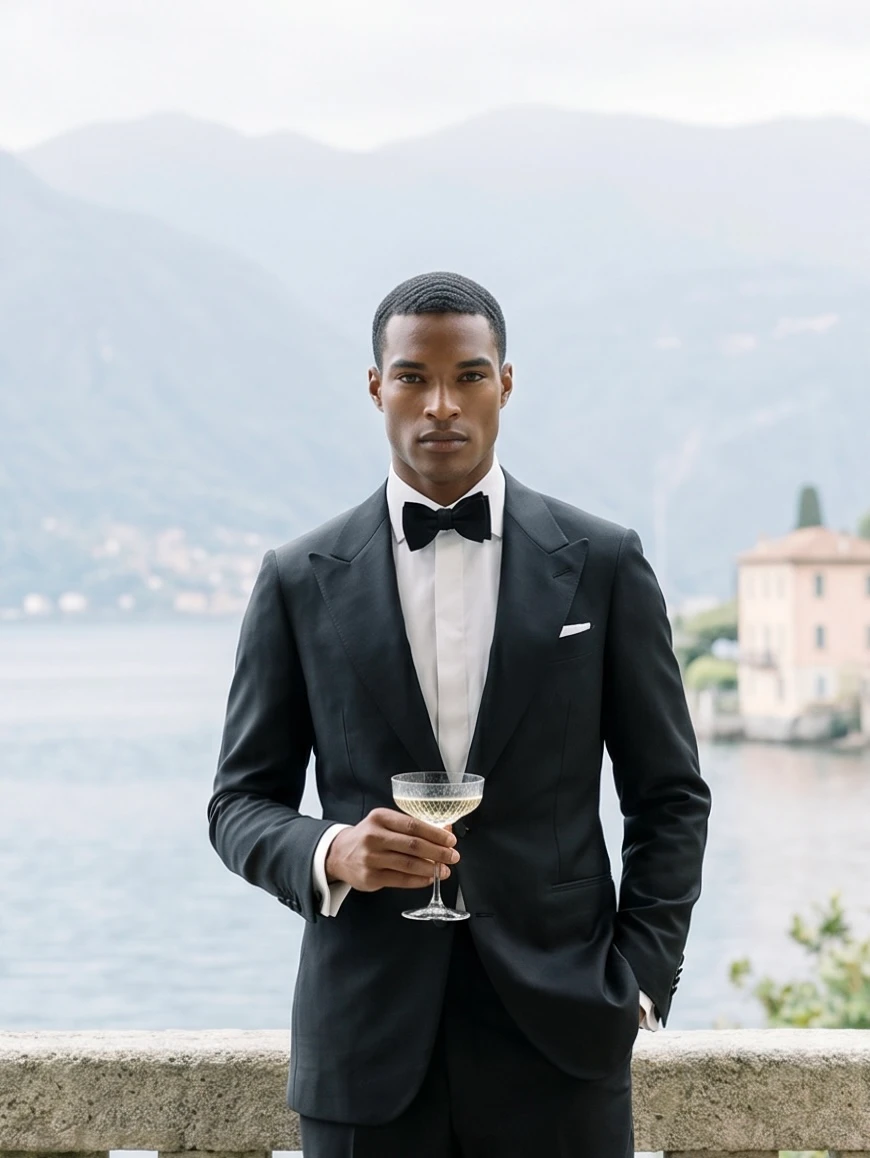 Groom in black tuxedo at Lake Como