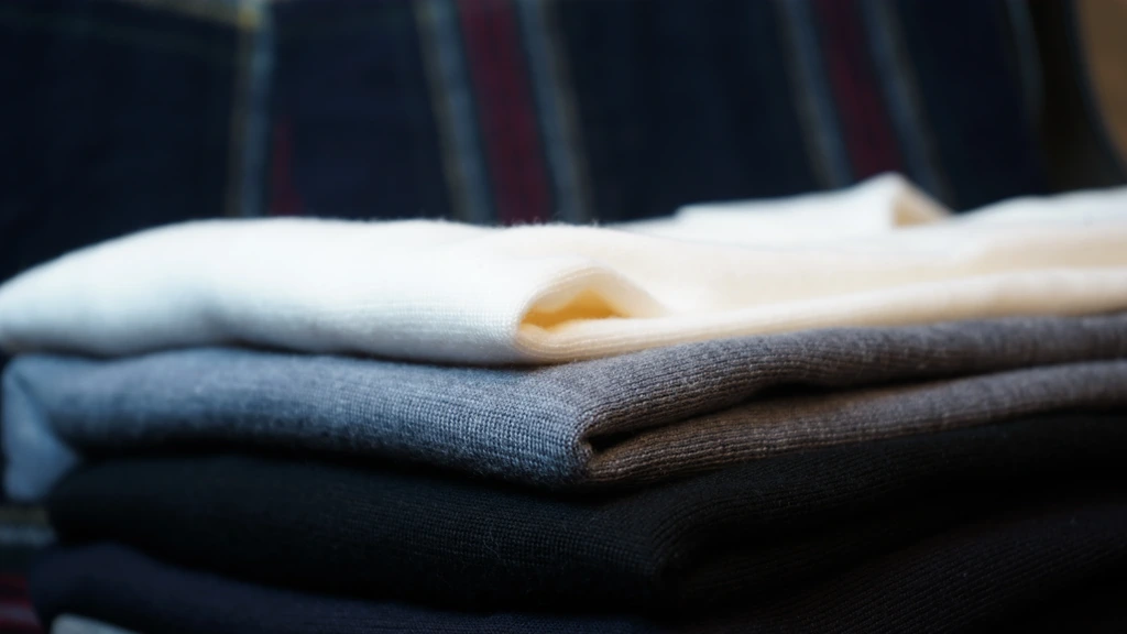 Close-up of a stack of folded knitwear in cream, grey-blue and dark blue tones