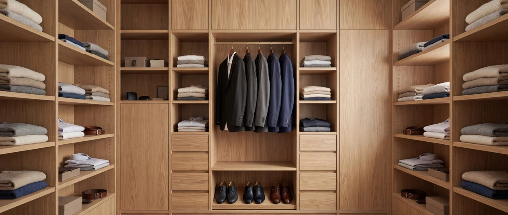 Walk-in wardrobe in light wood with suits on a rail, folded knitwear, shirts and shoes