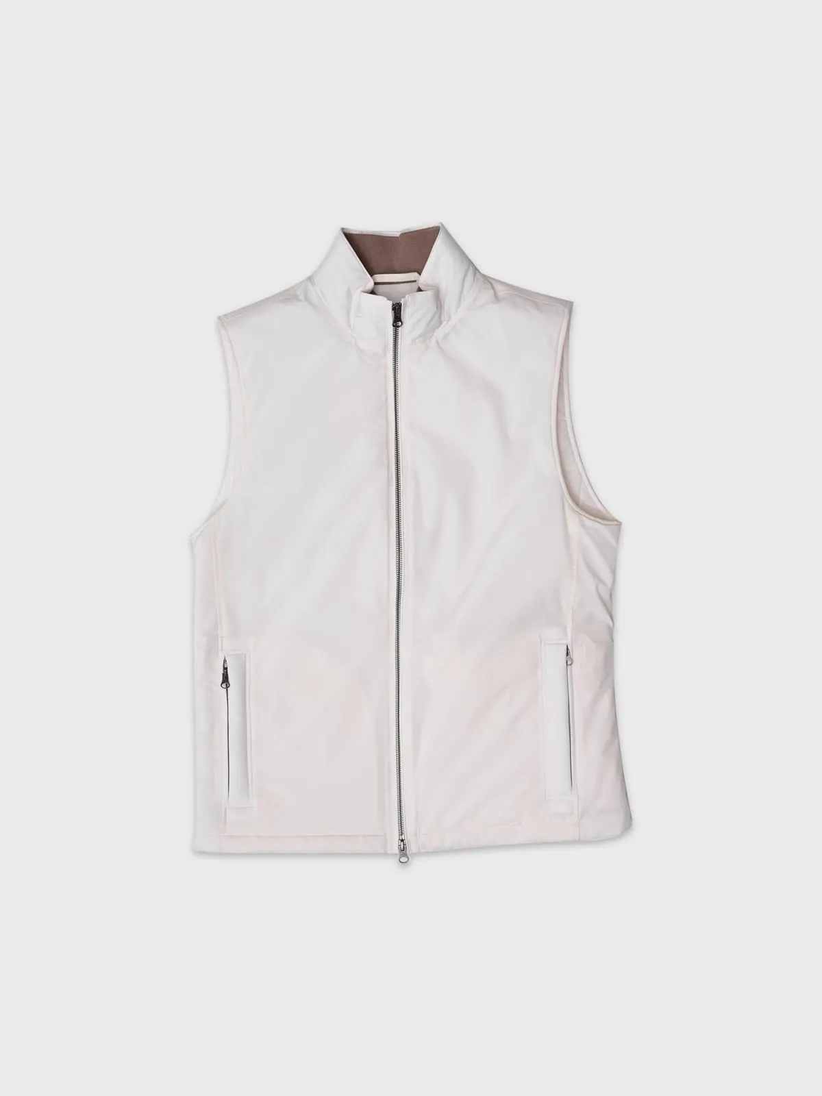 White gilet with a zip, seen from the front