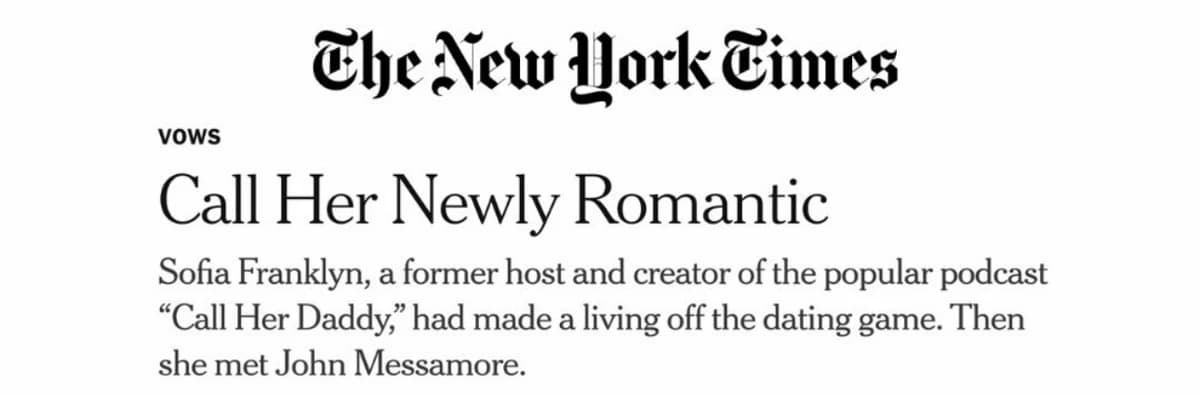 Clipping of The New York Times' Vows feature Call Her Newly Romantic