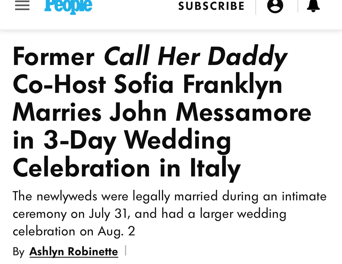 Clipping of People's article on Sofia Franklyn and John Messamore's wedding