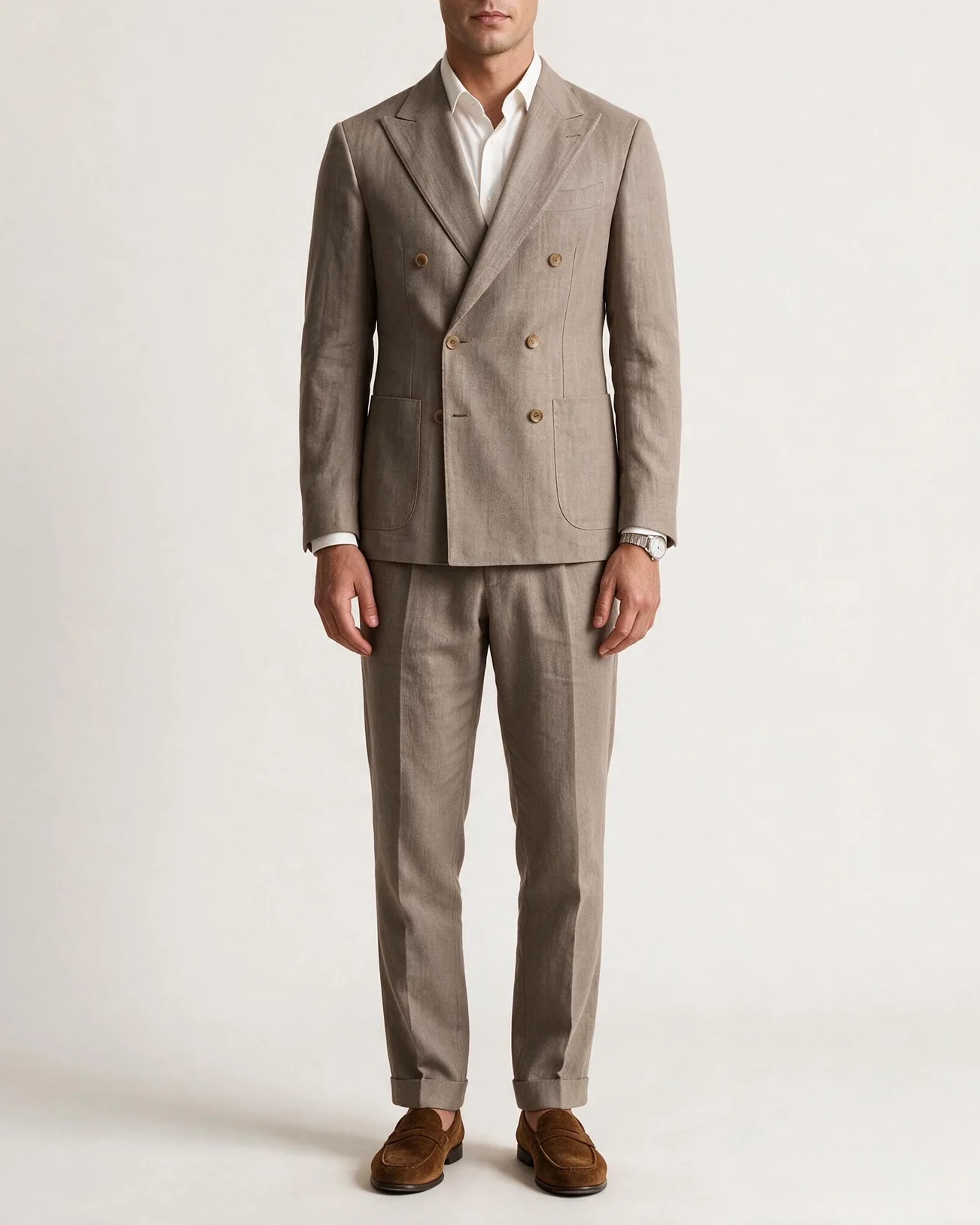 Beige Double-Breasted Wool, Silk & Linen Suit, on model