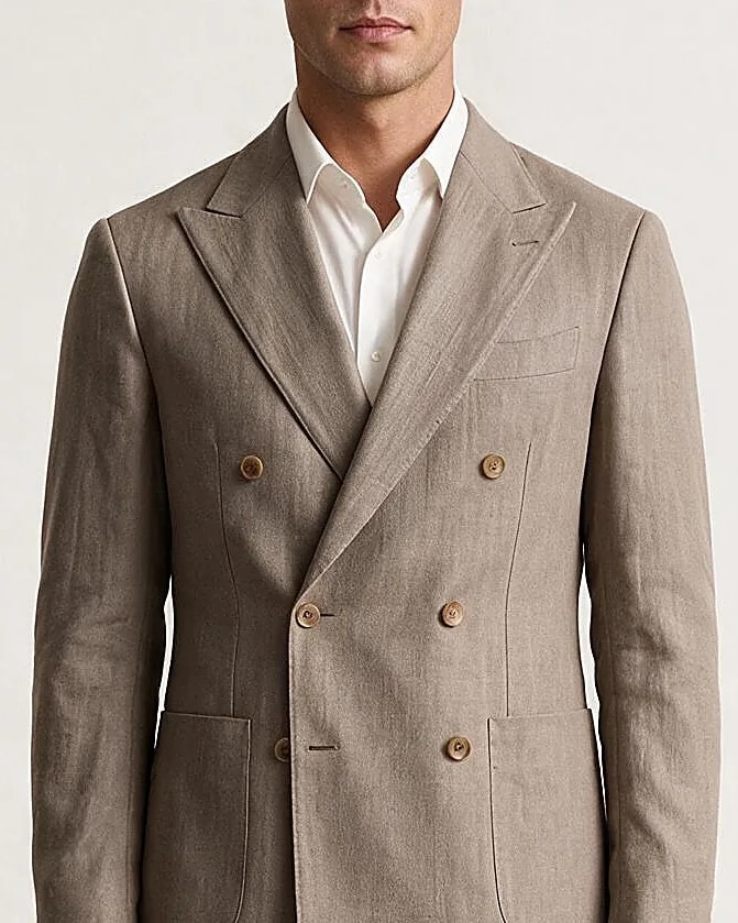 Beige Double-Breasted Wool, Silk & Linen Suit, collar detail