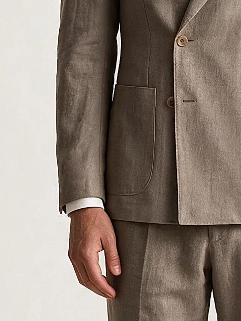 Beige Double-Breasted Wool, Silk & Linen Suit, pocket detail