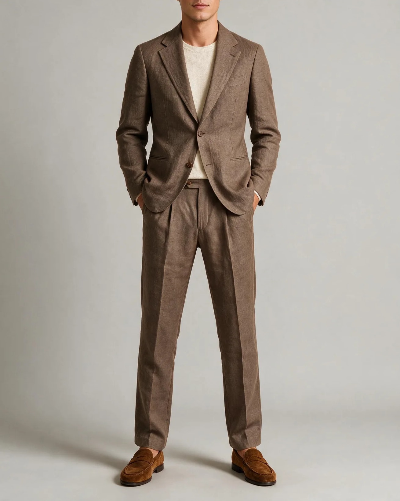 Light Brown Linen Suit, on model