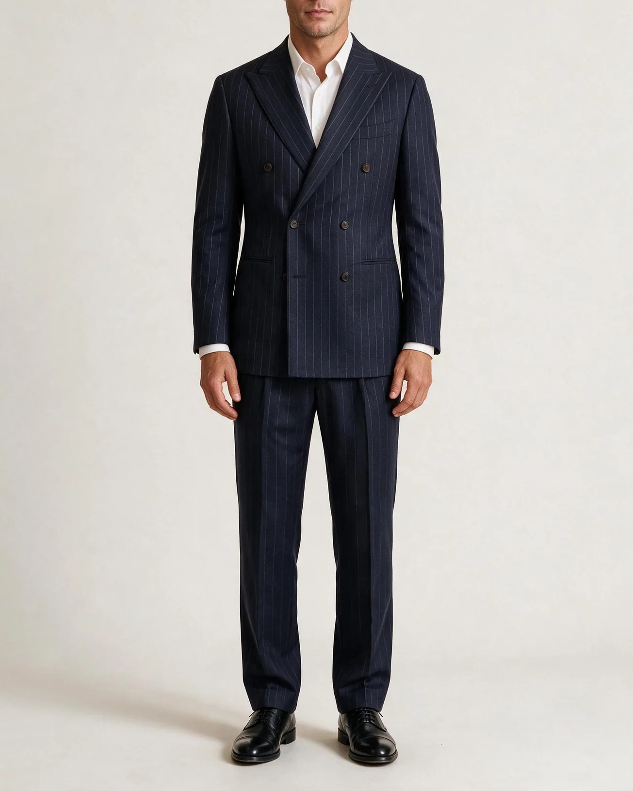 Navy Pinstripe Double-Breasted Super 130s Wool Suit, on model