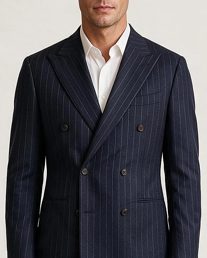 Navy Pinstripe Double-Breasted Super 130s Wool Suit, collar detail