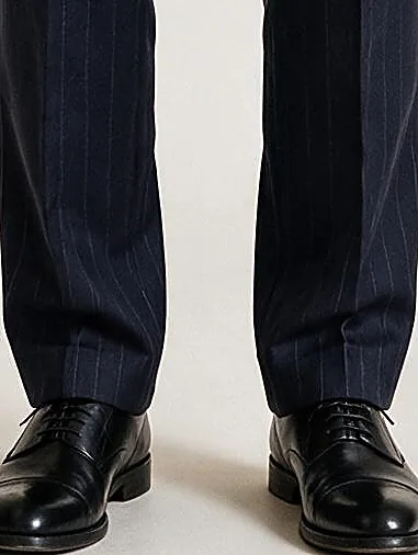 Navy Pinstripe Double-Breasted Super 130s Wool Suit, hem detail