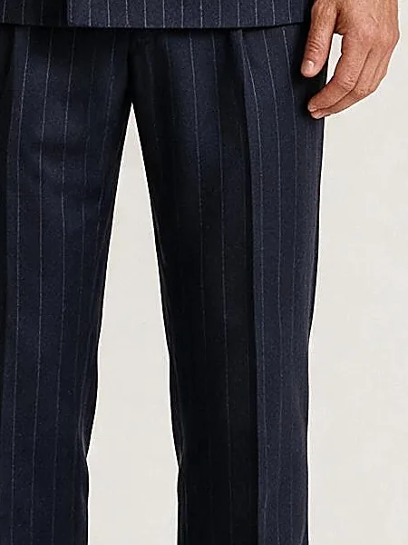 Navy Pinstripe Double-Breasted Super 130s Wool Suit, fabric close-up