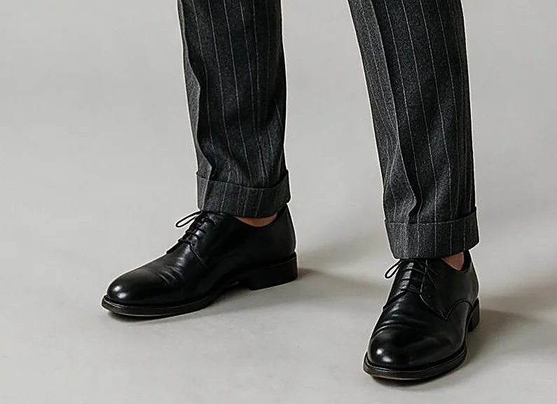 Mørkegrå pinstripe jakkesæt, detalje af buksebunden