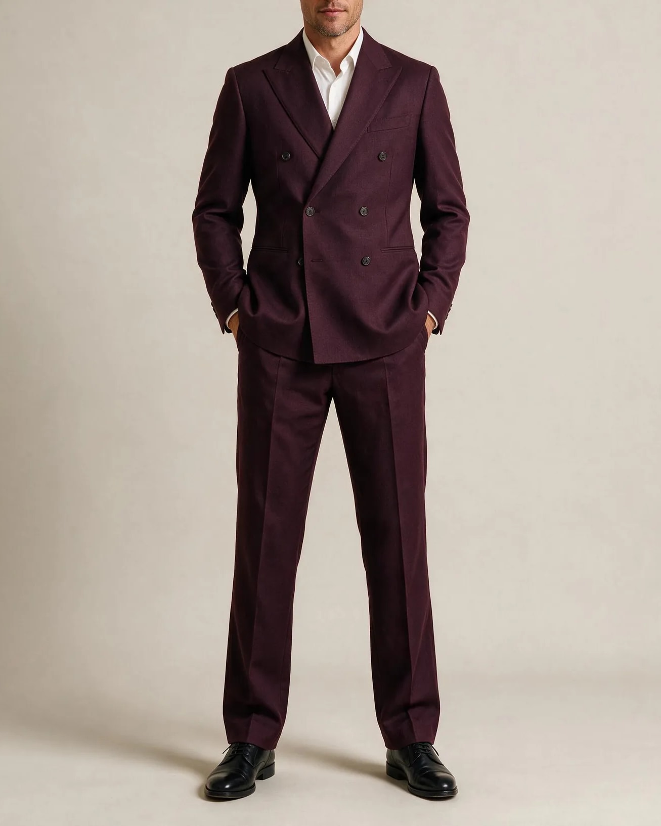 Bordeaux Double-Breasted Super 120s Wool Suit, on model