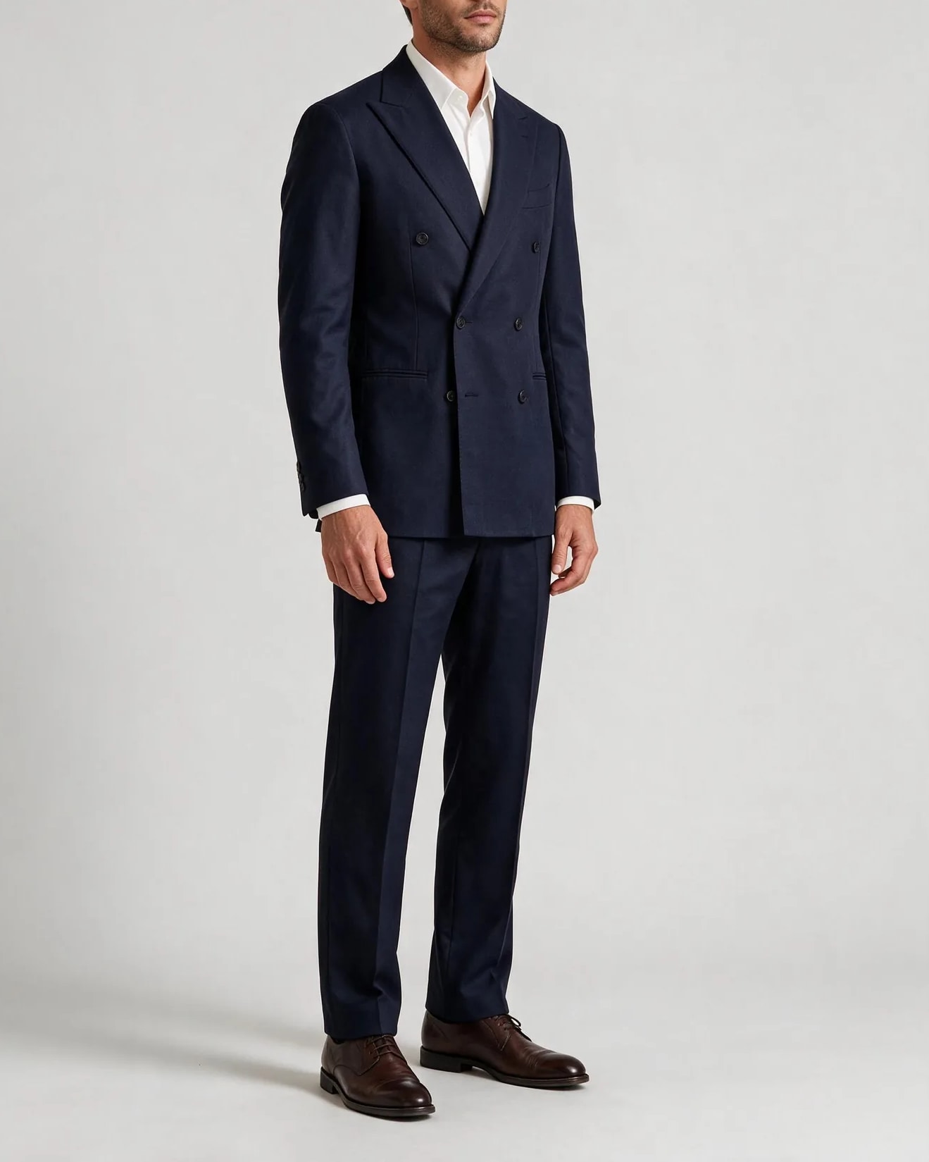 Navy Double-Breasted Super 120s Wool Suit, on model