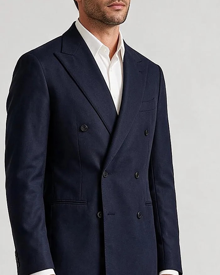 Navy Double-Breasted Super 120s Wool Suit, collar detail