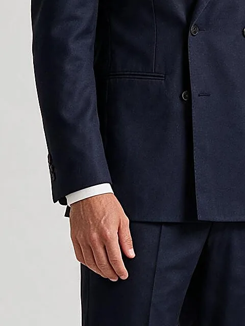 Navy Double-Breasted Super 120s Wool Suit, pocket detail