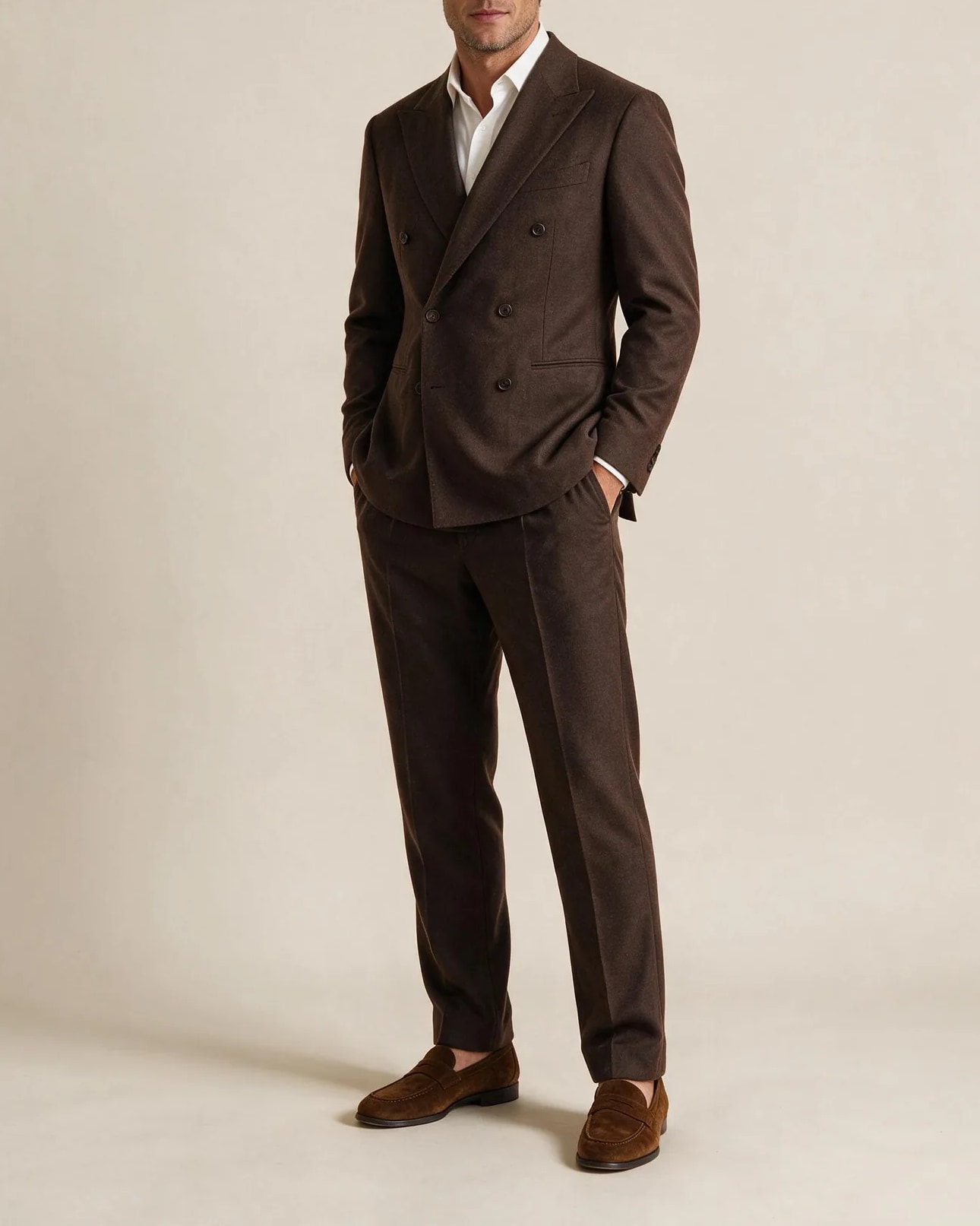 Brown Double-Breasted Super 120s Wool Suit, on model
