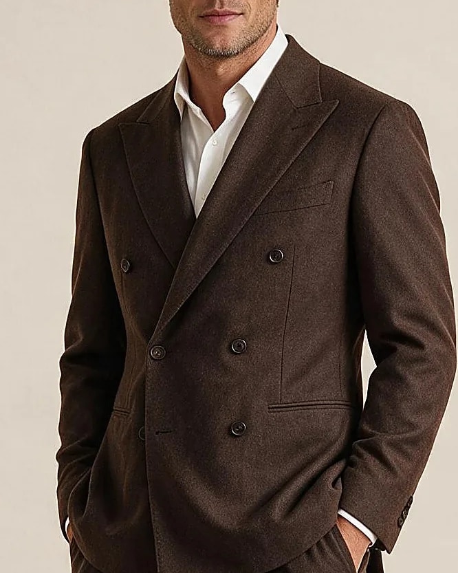 Brown Double-Breasted Super 120s Wool Suit, collar detail