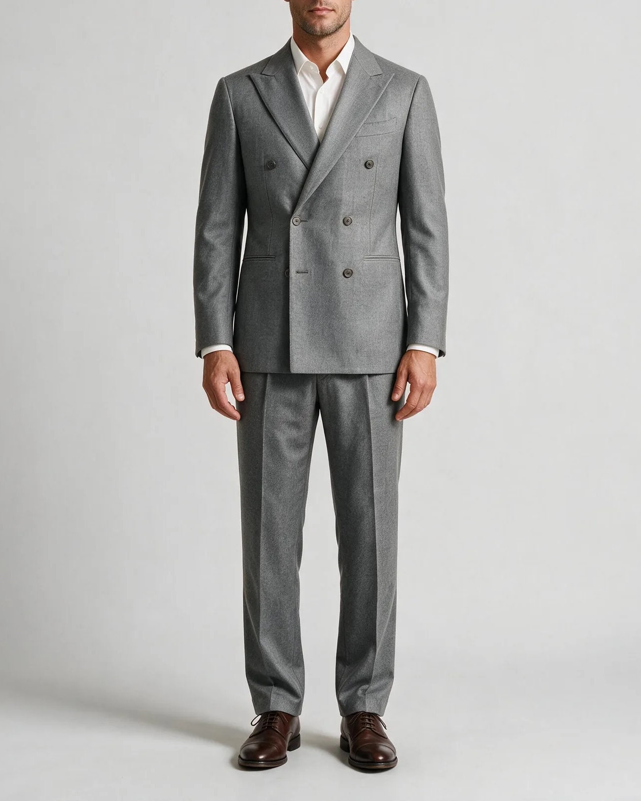 Light Grey Double-Breasted Super 110s Wool Suit, on model