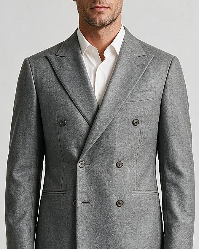 Light Grey Double-Breasted Super 110s Wool Suit, collar detail
