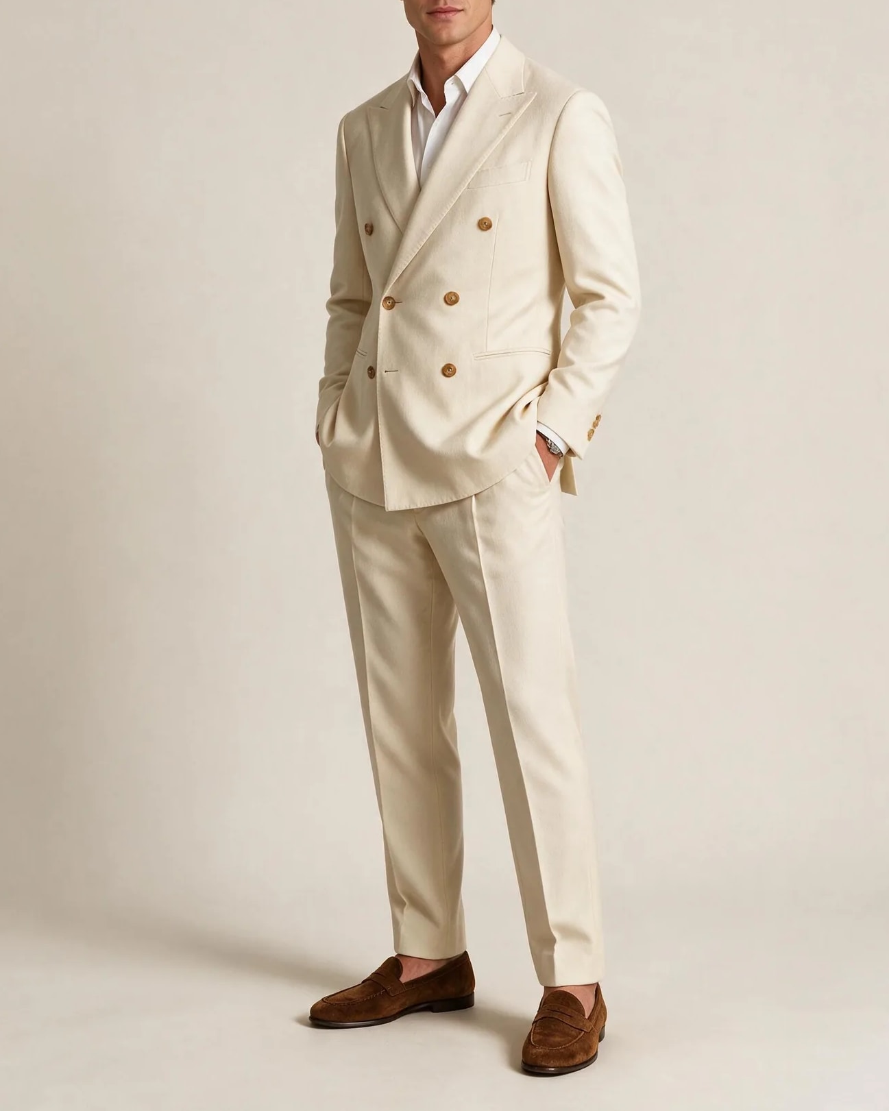 Light Beige Double-Breasted Super 110s Wool Suit, on model