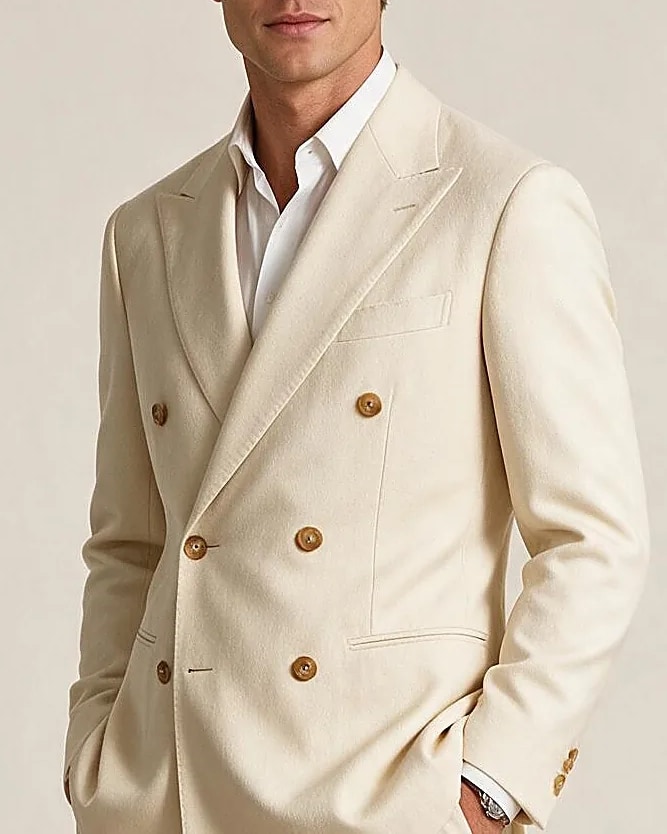 Light Beige Double-Breasted Super 110s Wool Suit, collar detail