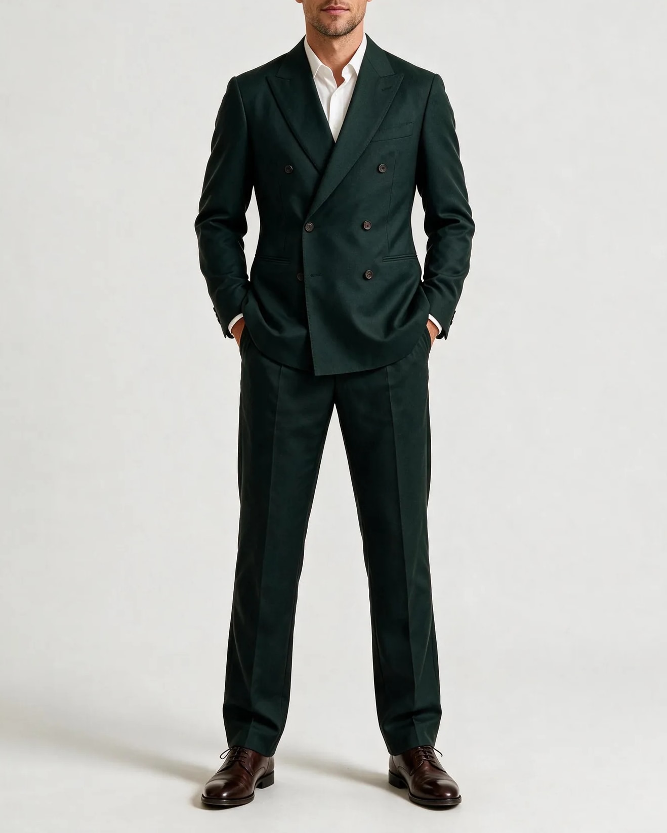 Green Double-Breasted Super 110s Wool Suit, on model