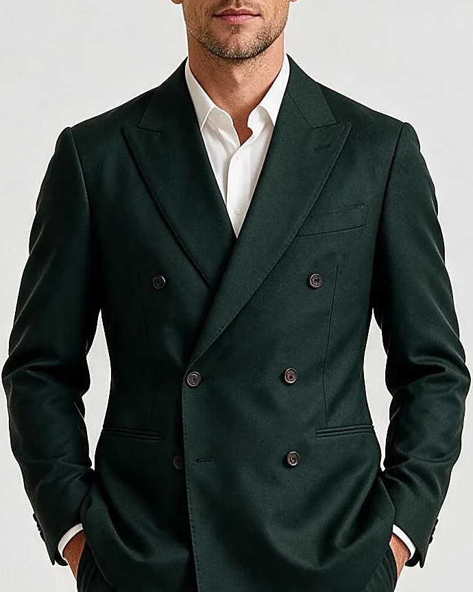 Green Double-Breasted Super 110s Wool Suit, collar detail