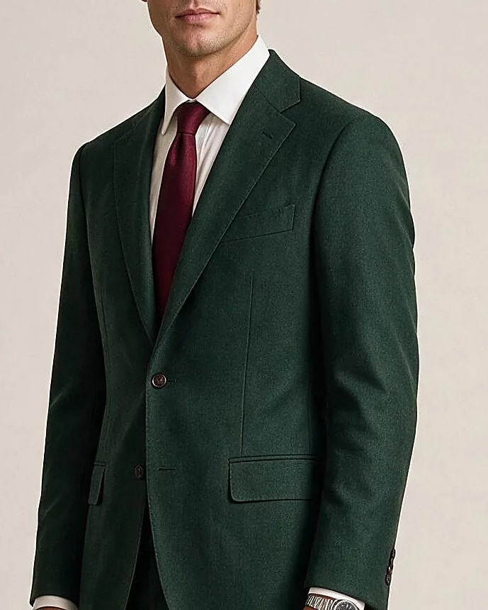 Green 2-Piece Super 110s Wool Suit, collar detail