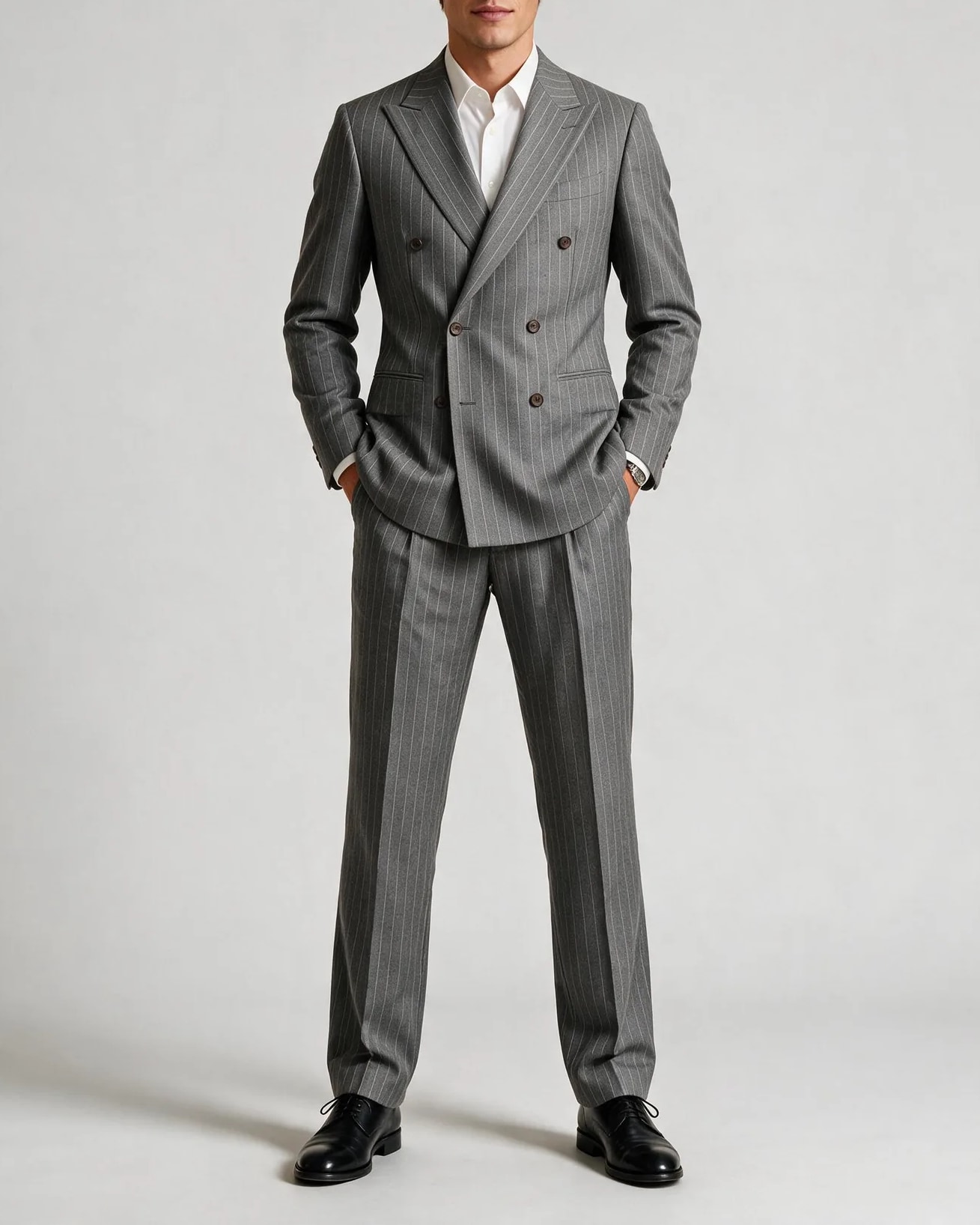 Grey Pinstripe Double-Breasted Super 110s Wool Suit, on model