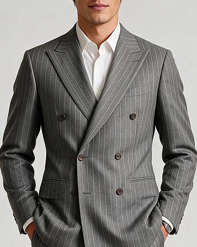 Grey Pinstripe Double-Breasted Super 110s Wool Suit, collar detail