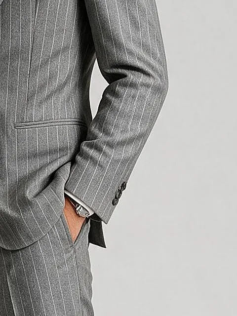 Gråbrun chalk stripe Super 110s jakkesæt, detalje af lommen