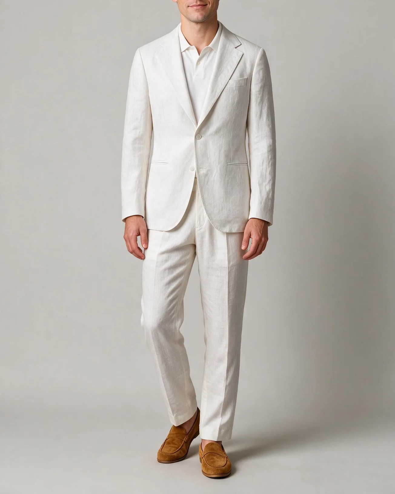 Sand Linen Suit, on model
