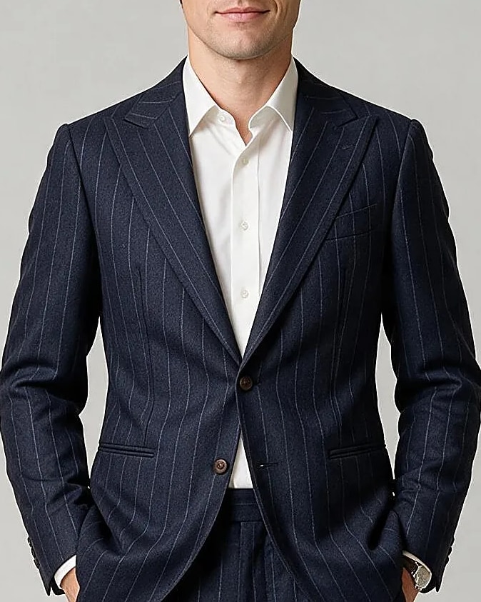 Mørk marineblå pinstripe jakkesæt, detalje af kraven