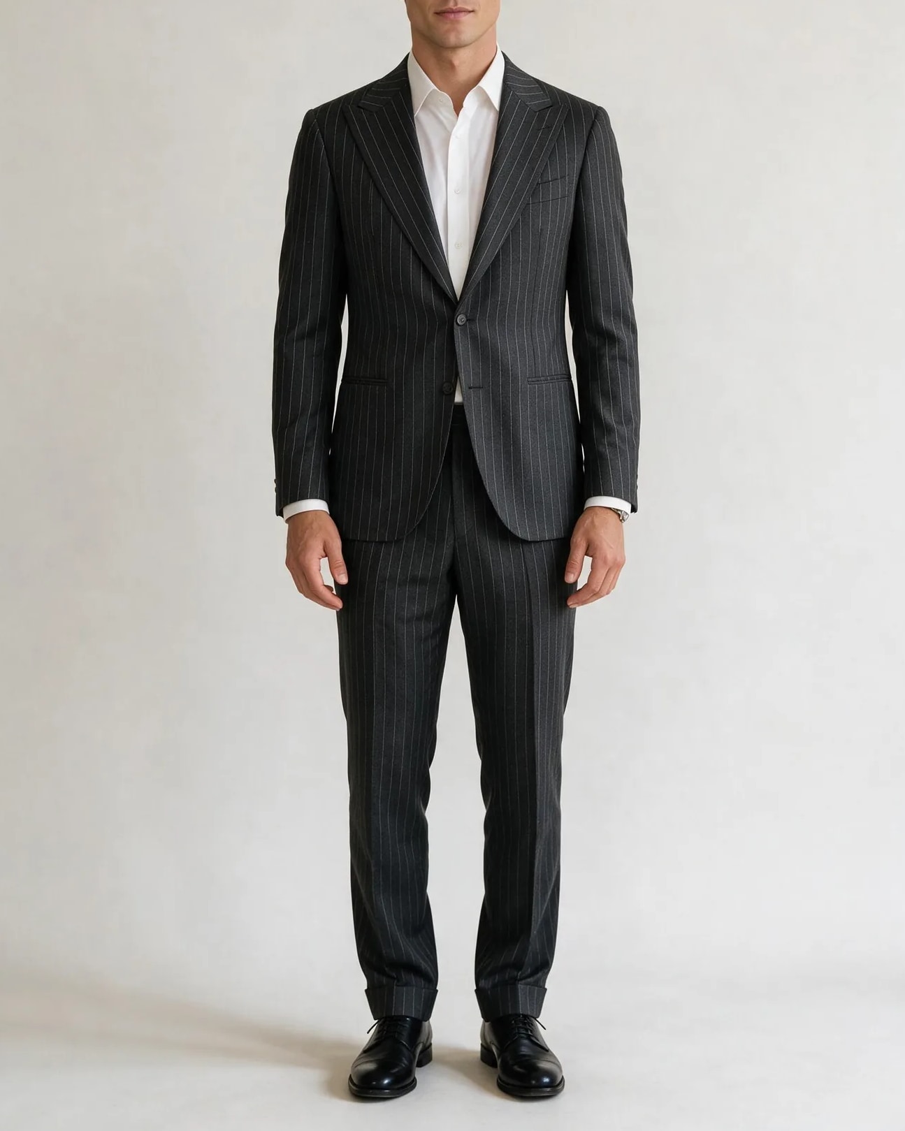 Dark Grey Pinstripe Super 110s Suit, on model
