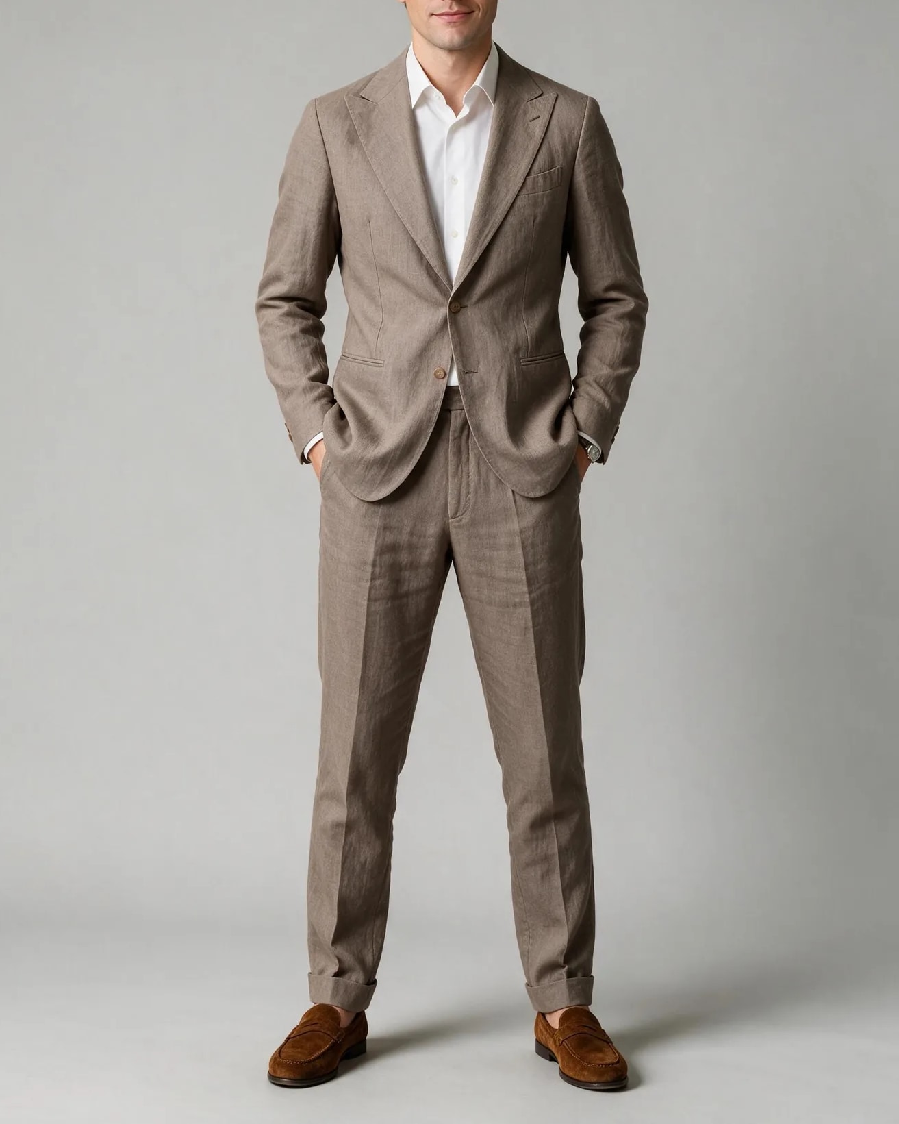 Taupe Suit, on model