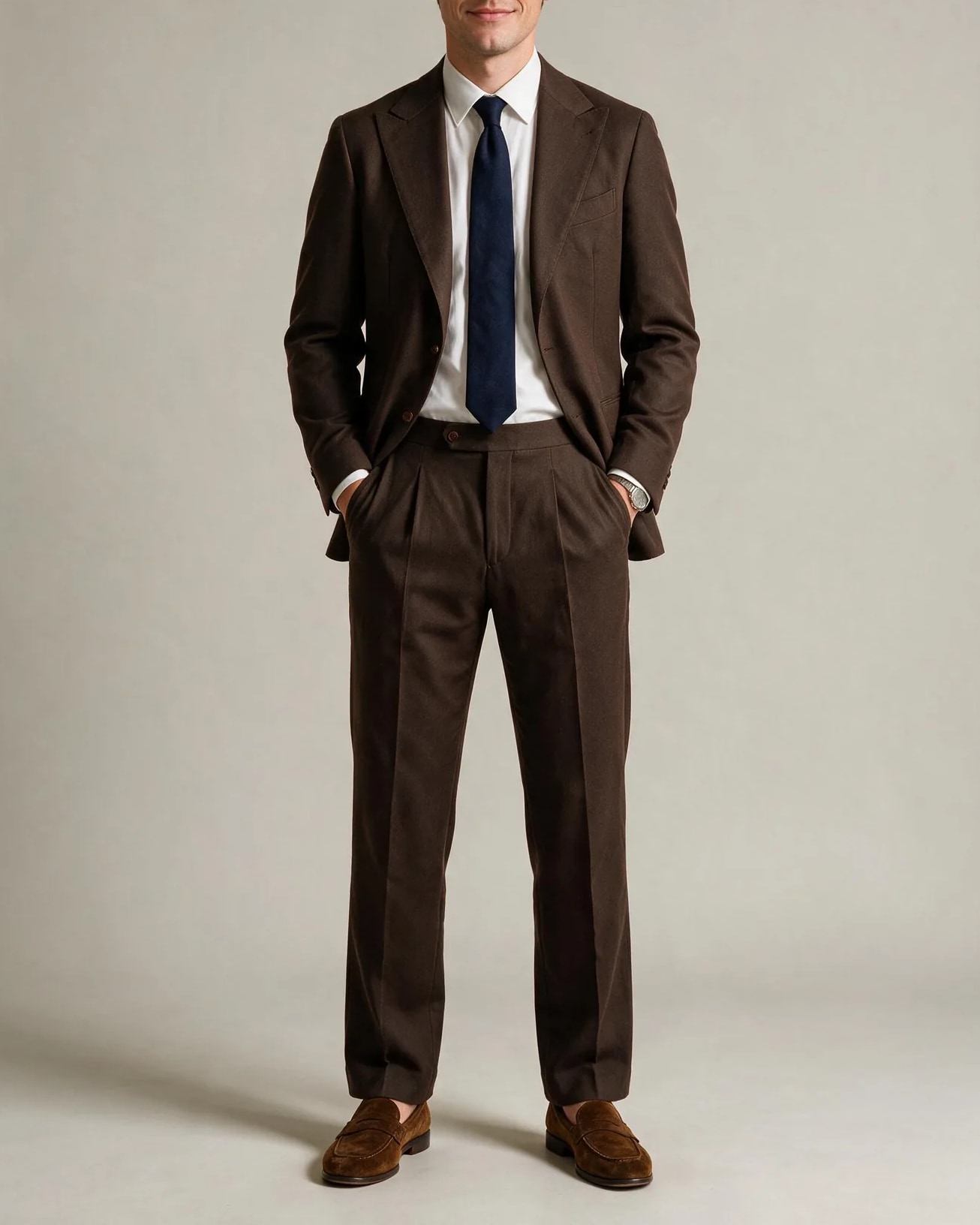 Dark Brown Suit, on model