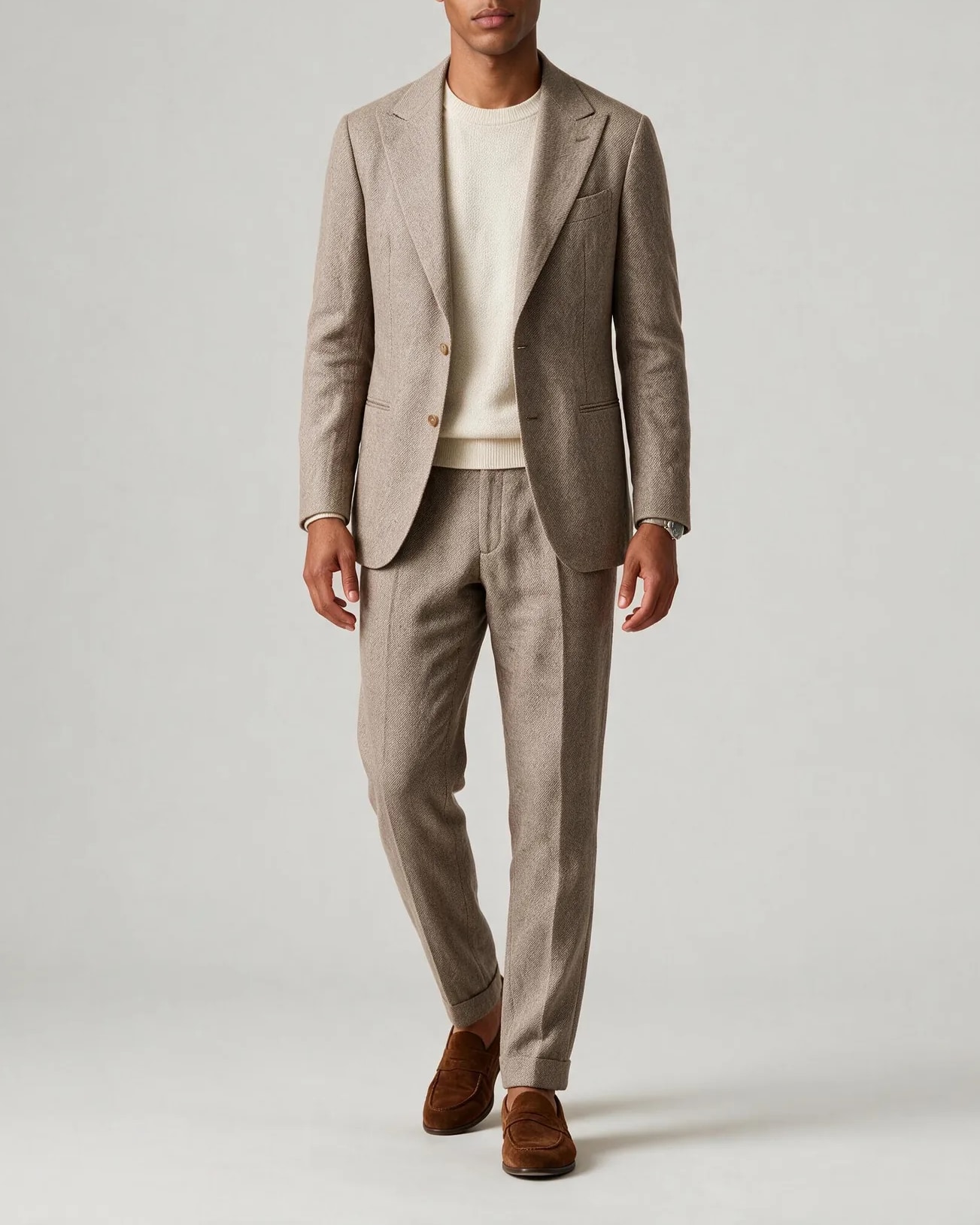 Taupe Herringbone Suit from Drago, on model