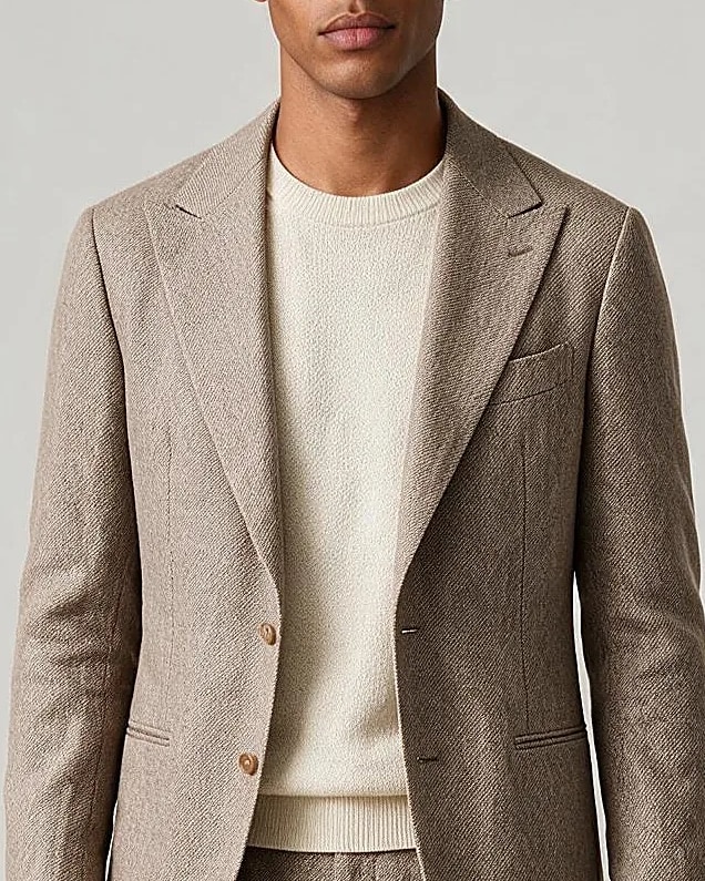 Taupe Herringbone Suit from Drago, collar detail