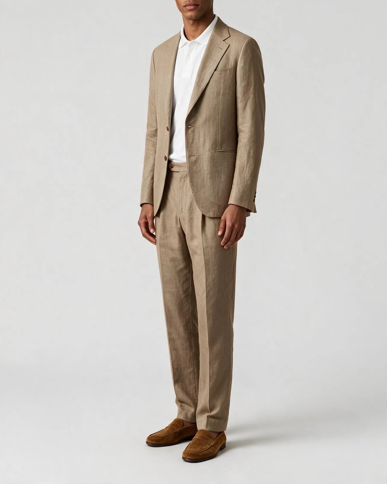 Taupe Brown Linen Suit, on model