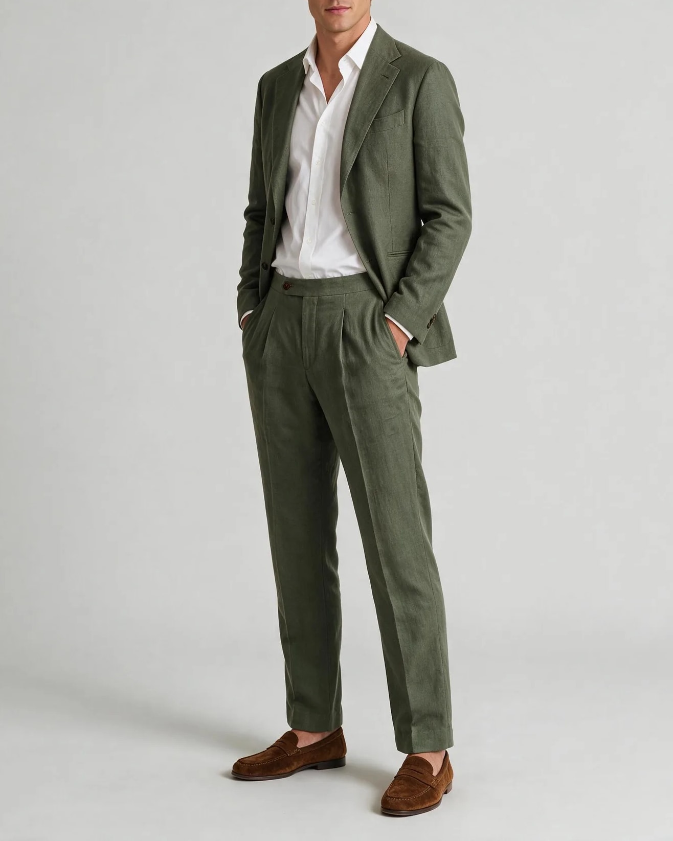 Dark Olive Linen Suit from TBM / TFM, on model
