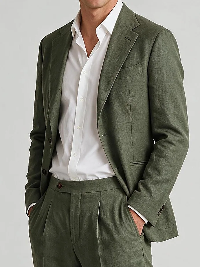 Dark Olive Linen Suit from TBM / TFM, collar detail