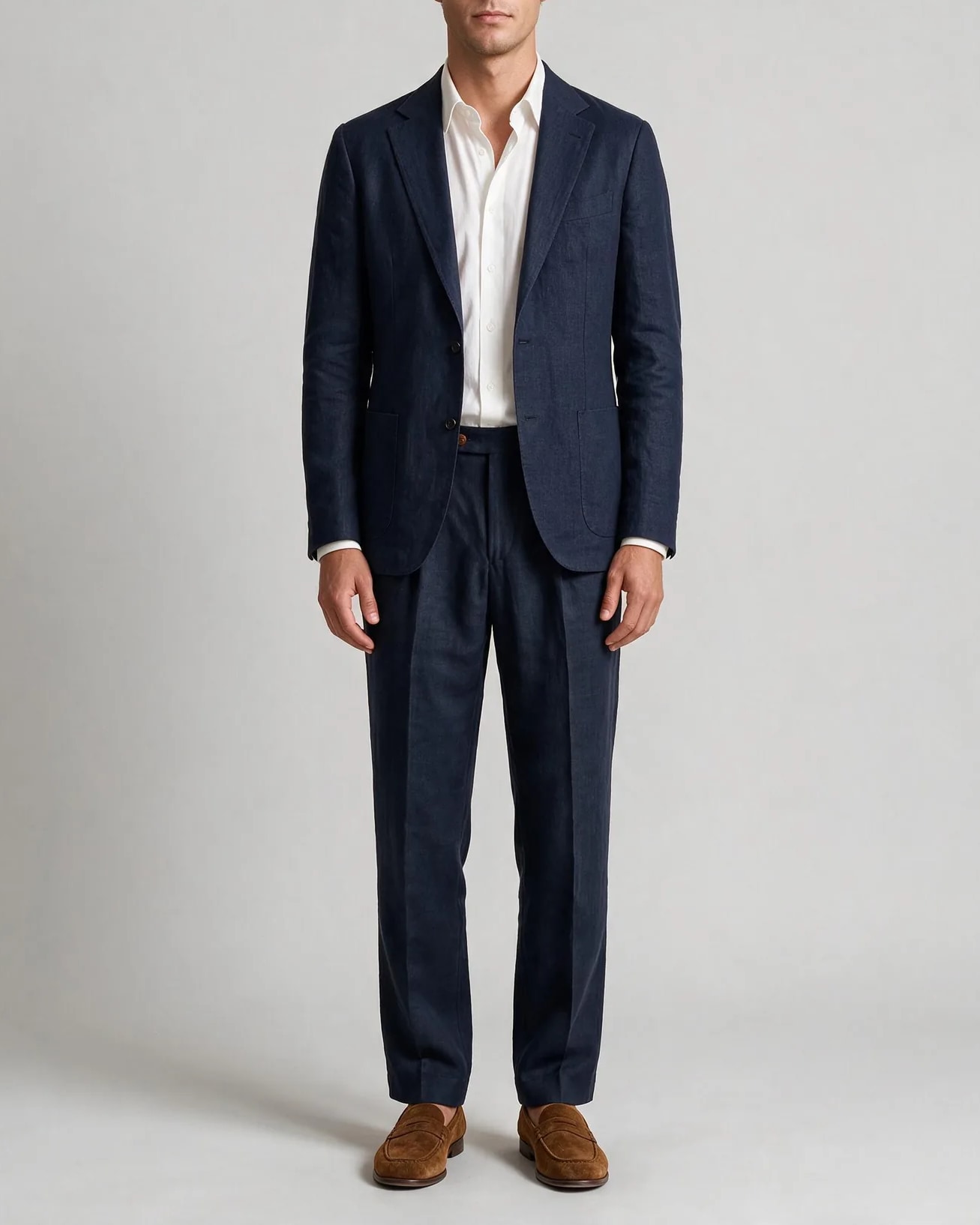 Dark Navy Linen Suit, on model
