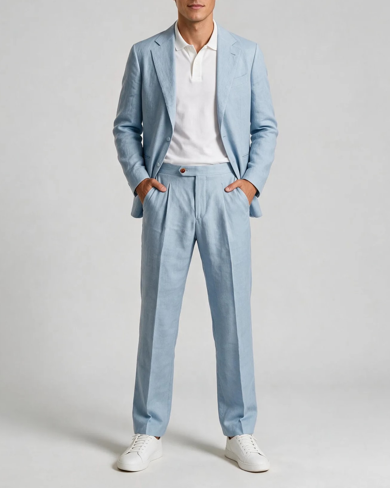 Dove Blue Linen Suit, on model