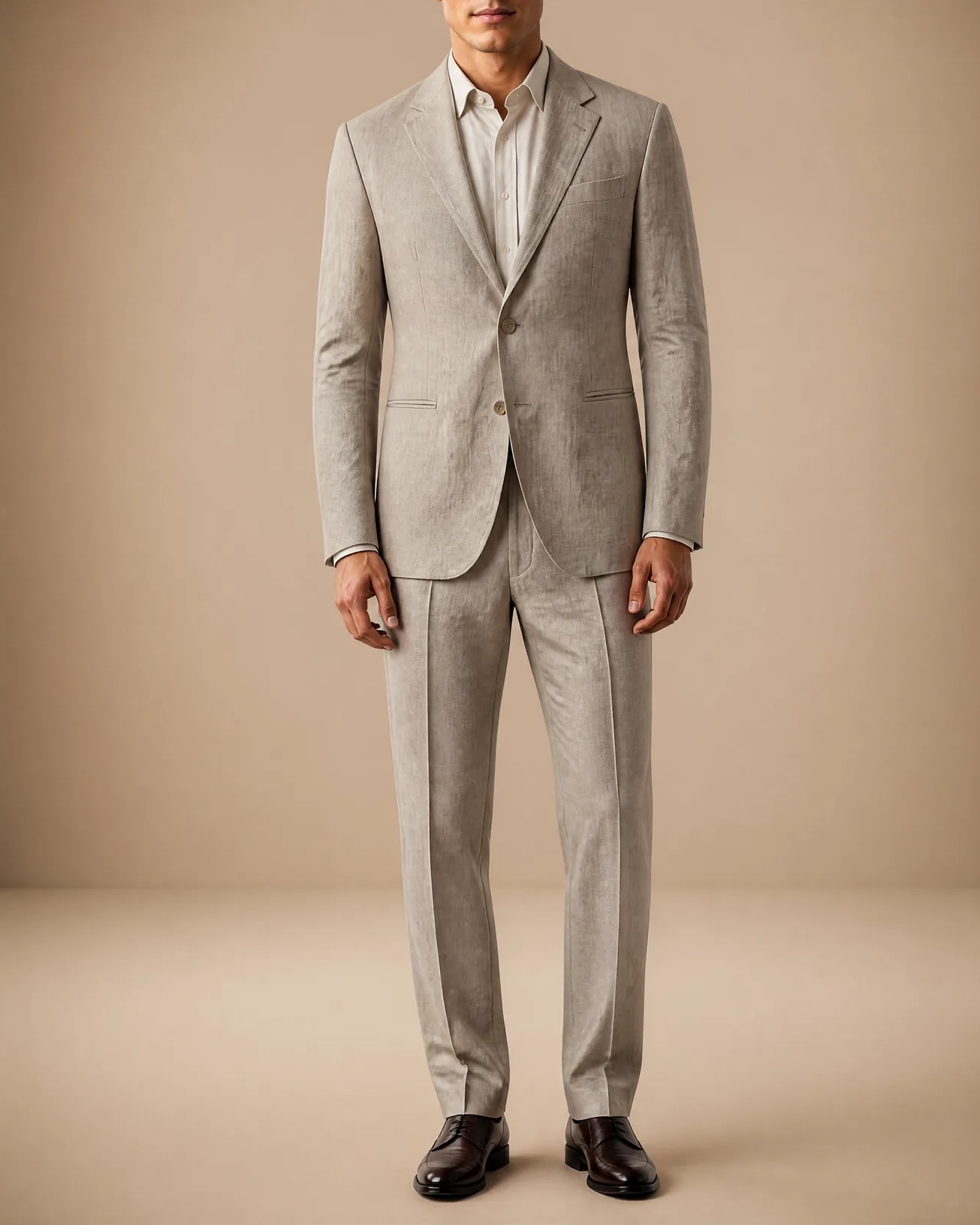 Beige Linen Suit from Brisbane Moss, on model